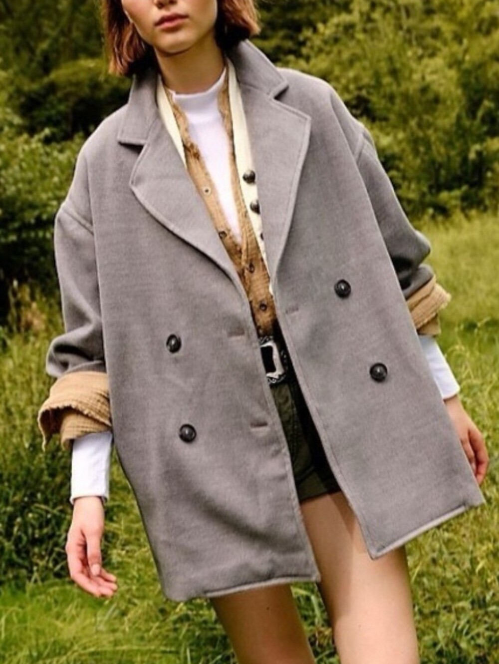 Free People Hannah Slouchy Oversized Gray Double-Breasted Pea Coat XS Fall NWT